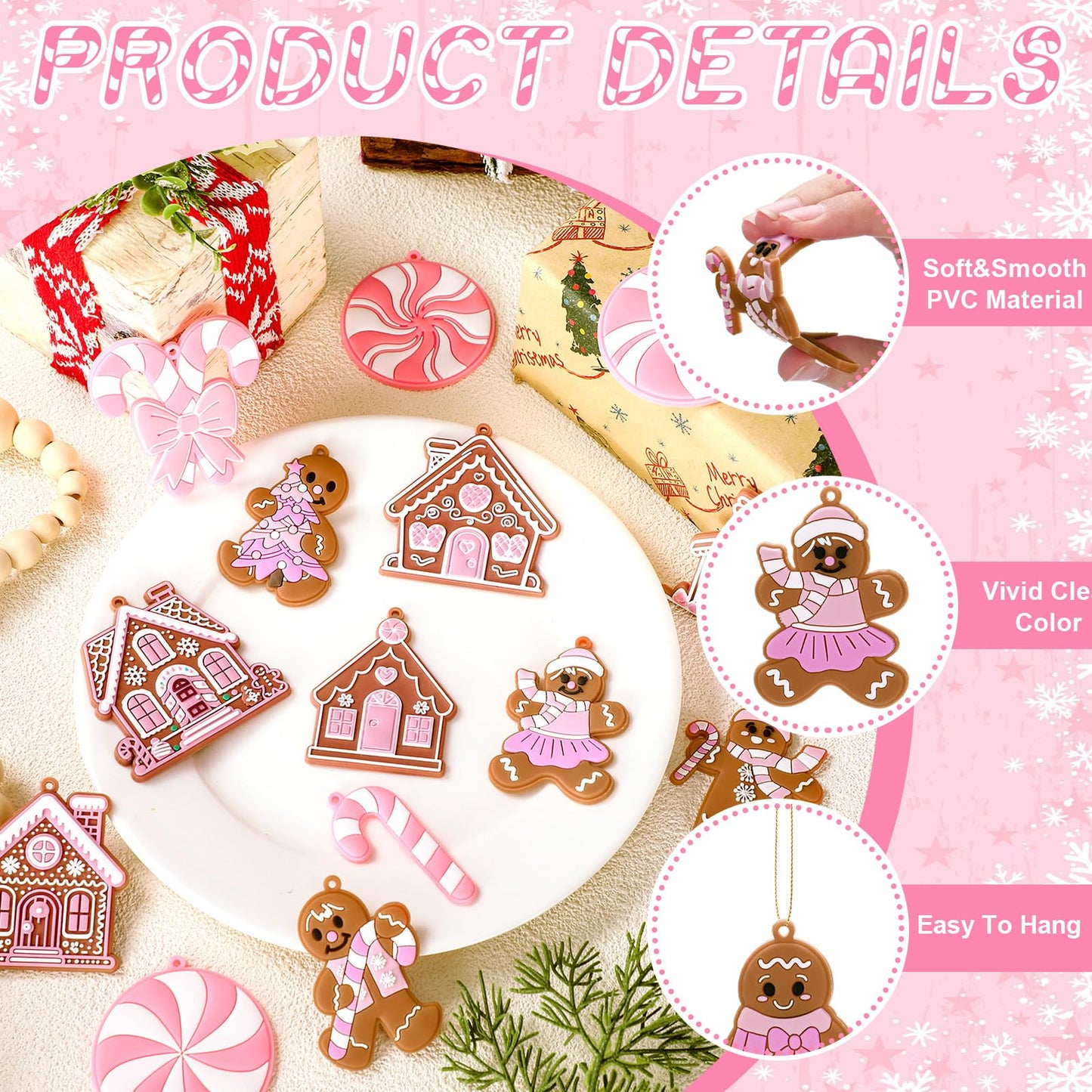 Vertintong 30 Pcs Pink Christmas Gingerbread Hanging Ornaments Pastel Gingerbread Ornaments Candy and House Soft PVC Christmas Tree Wall Hanging Decoration for Xmas Party Office Home Decor Winter