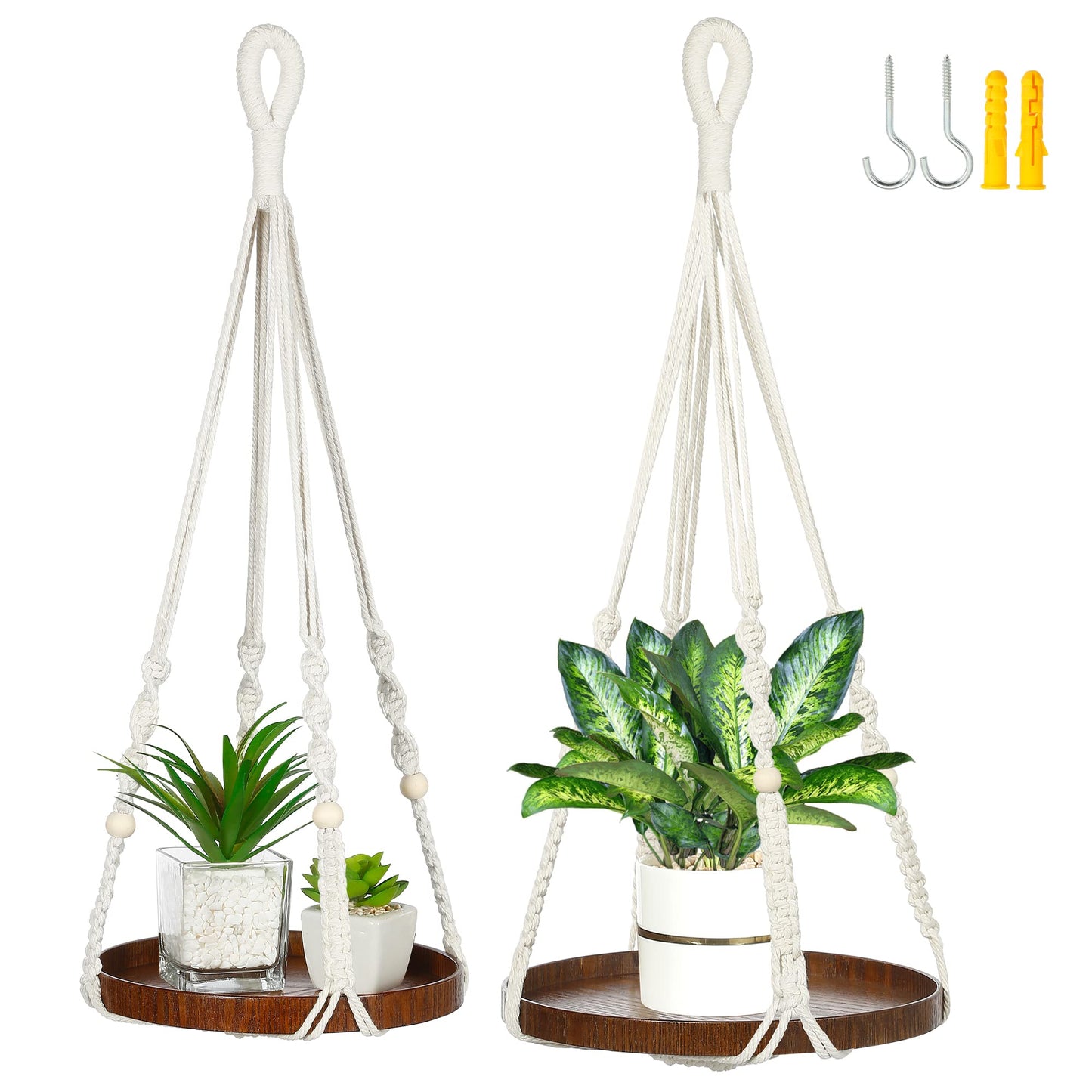 Shineloha 2 Pack Macrame Plant Hanger | Plant Hanger Indoor, Hanging Planter Shelf | Hanging Planter (Beige) (1 Large + 1 Medium)