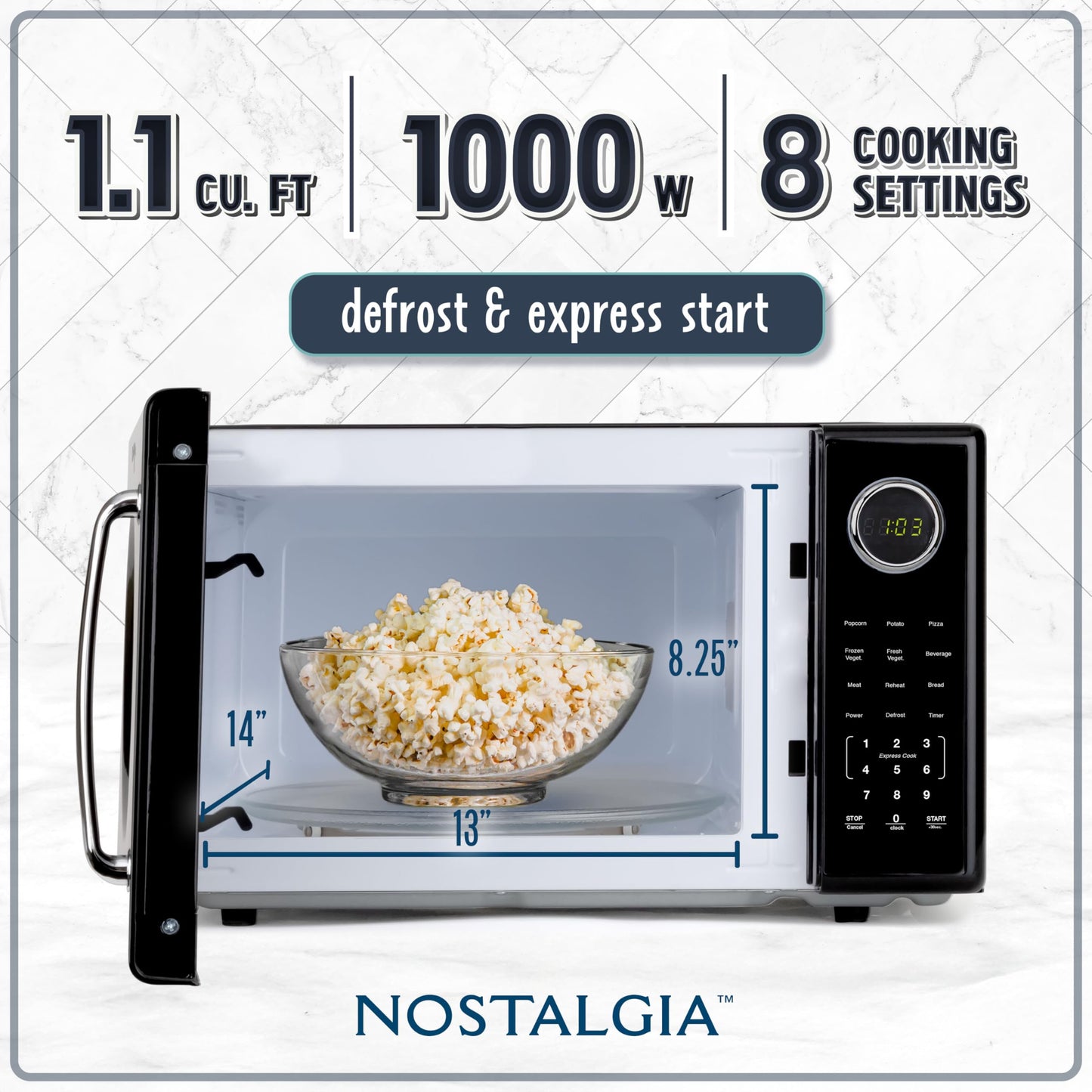 Nostalgia Retro Microwave Oven - 0.7 Cu Ft, 700-Watt Countertop Size with Glass Turntable, Child Safety Lock, 8 Auto-Cook Programs, Digital Clock - Aqua