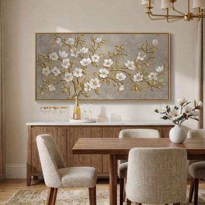 Large Framed Neutral Botanical Wall Art for Living Room, Rustic Elegant Magnolia Floral Canvas Prints Paintings, White Flower with Gold Branches Pictures for Dining Room Office Wall Decor, 60x30 Inch