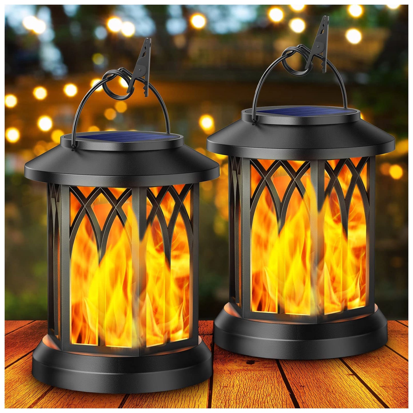 KOOPER Solar Lights Outdoor Garden, 2 Pack Hanging Solar Lanterns with Realistic Flickering Flame LED, Waterproof Flame Effect Garden Ornaments for Pathway Patio Decoration