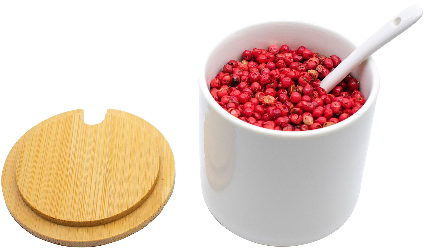 Set of 3 Ceramic Condiment Jars in Varying Sizes With Spoons & Bamboo Lids and Tray (White)