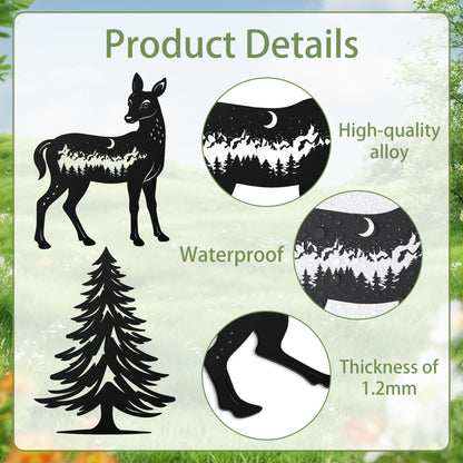Romart Deer and Pine Tree Decorative Garden Stakes, 4 Pcs Forest Silhouette Metal Garden Stakes for Outdoor Yard Lawn Decor, Christmas for Nature Lovers