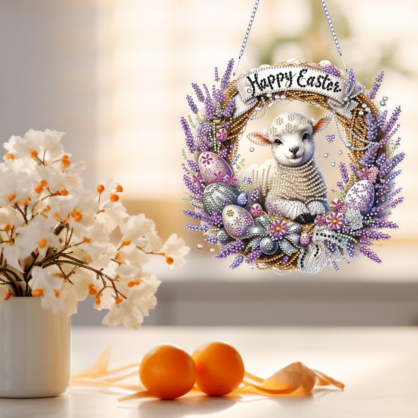 VODAPYC Easter Diamond Art Hanging Kits for Adults, DIY Double Sided Partial Special Shaped Diamond Painting Window Pendant Ornament(Happy Easter Sheep)