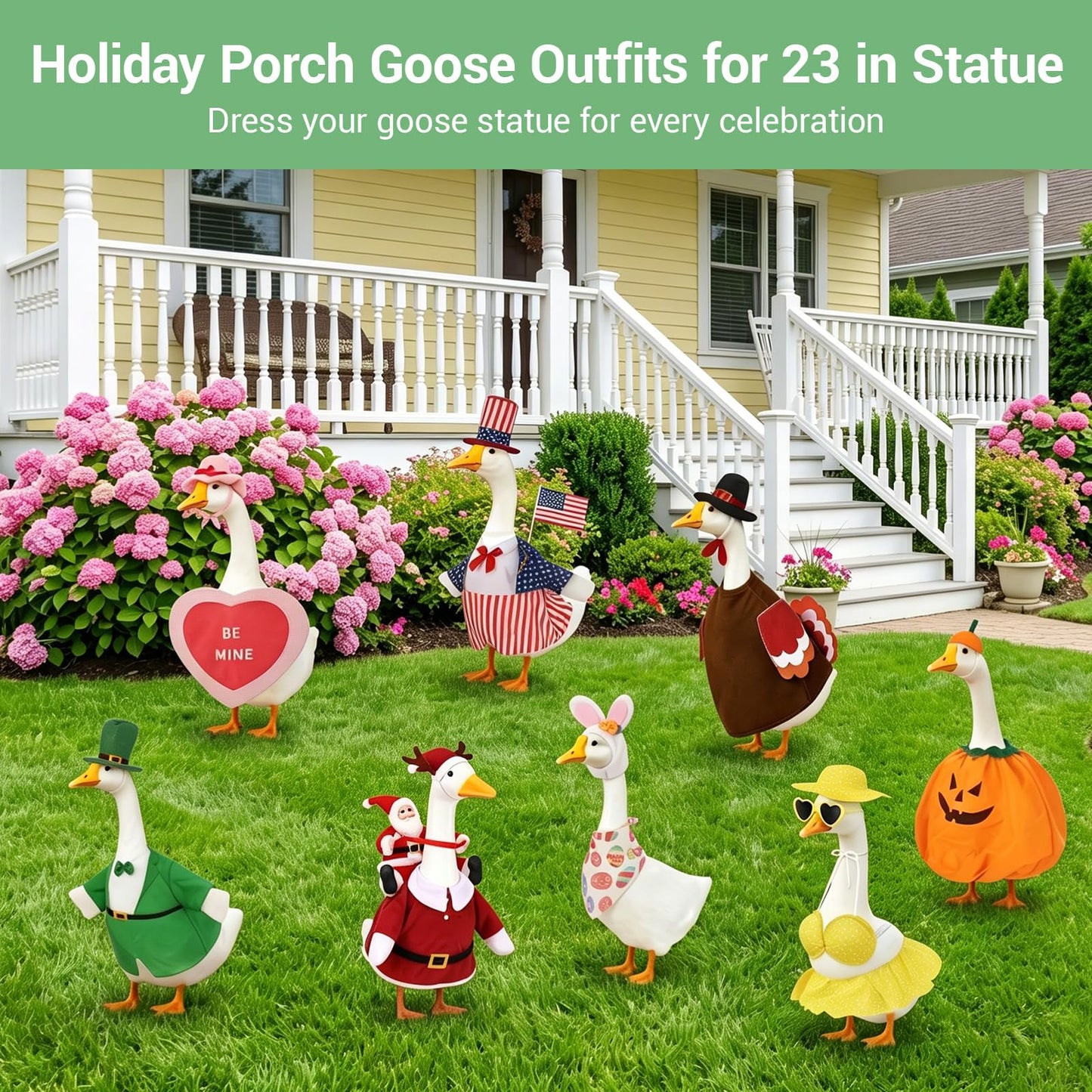 Cidomax 8 Set Holiday Porch Goose Outfits for 23 in Statue, All Seasons Bundle for Valentine St. Patrick Easter Summer Halloween Christmas, Lawn Goose Outfits for Patio Yard Decor