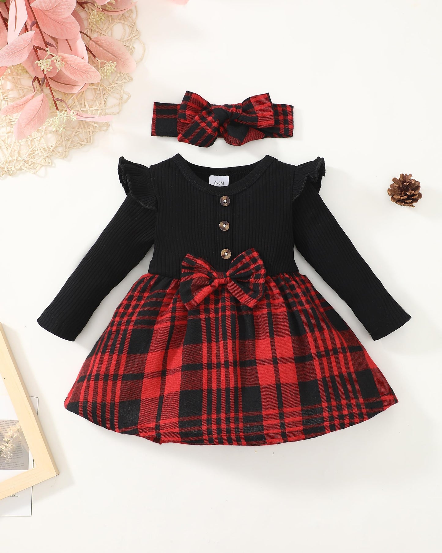 Baby Girl Christmas Outfits 6-9 Months 9-12 Month Girl Clothes Infant Girls Winter Dress Fall Spring Gifts Ribbed Ruffle Long Sleeve Red Plaid Dresses for Girls