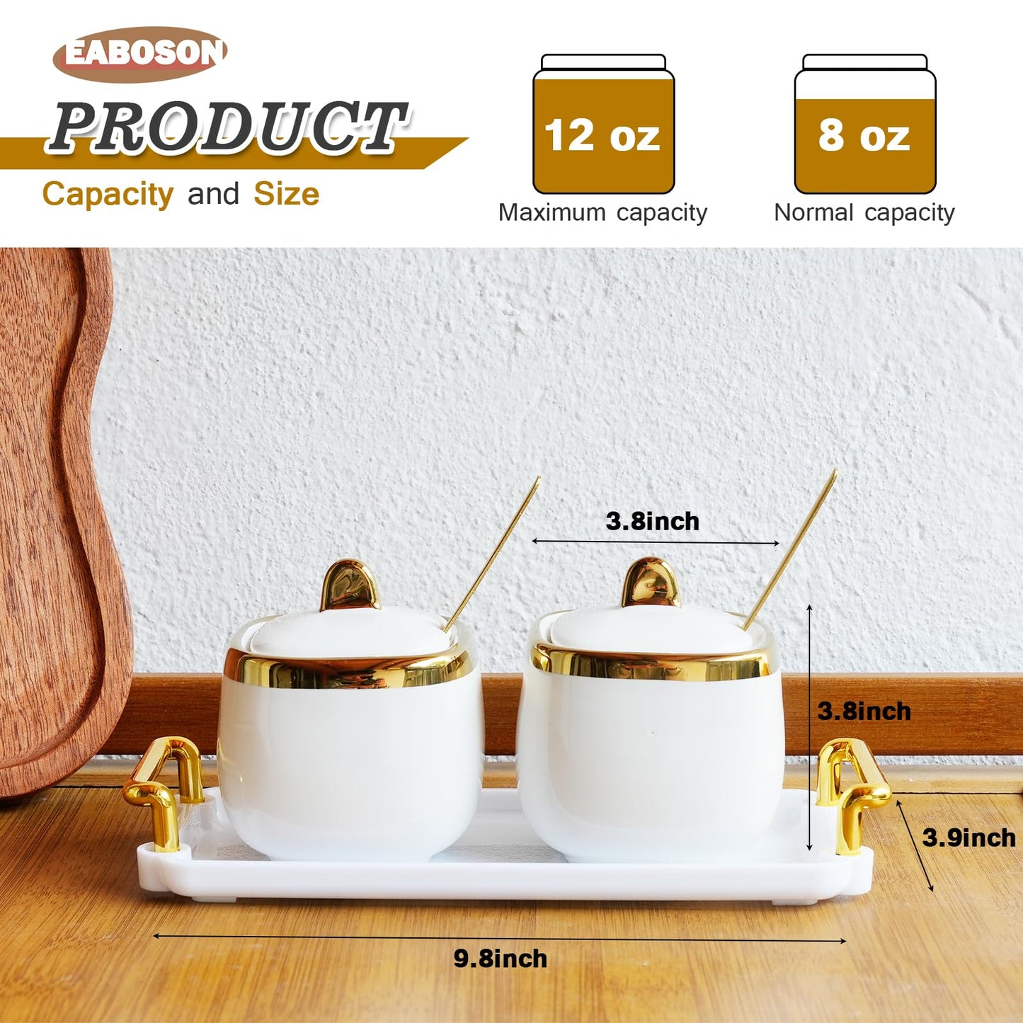 EABOSON Ceramic Sugar Bowl 2 Pack, Porcelain Seasoning Jar with Tray, Spoon and Lid for Sugar, Pepper, Coffee, Spice, Salt (Gold)