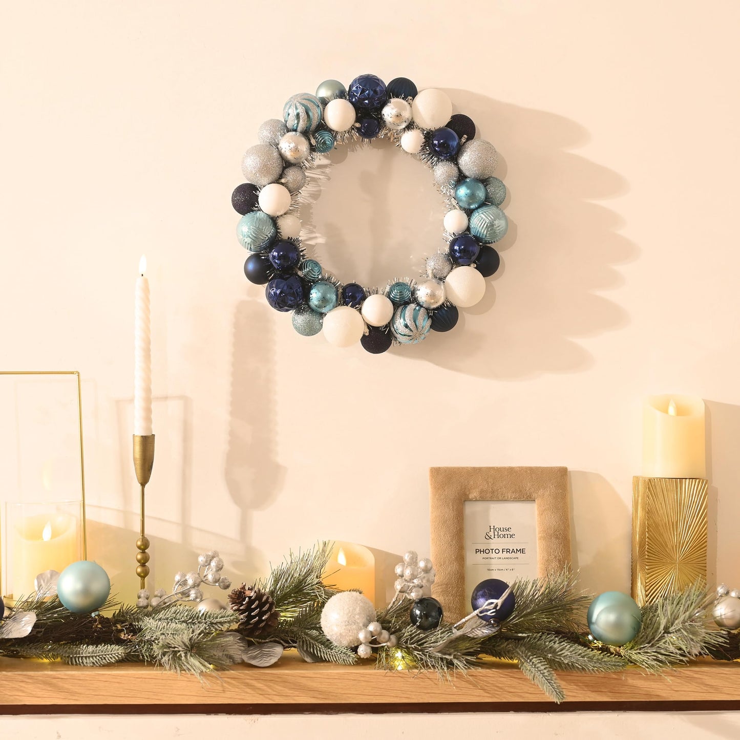 Valery Madelyn Pre-Lit Christmas Ball Wreath for Front Door with Lights, 13'' Lighted Christmas Wreath with Silver Blue Xmas Ball for Fireplace Window Outdoor Table Centerpiece Holiday Home Decoration
