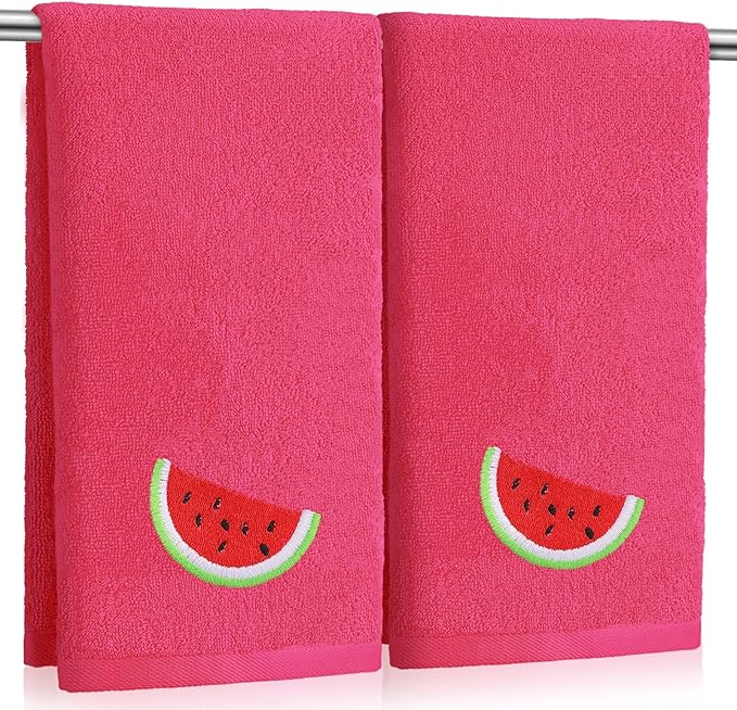 2 Pcs Watermelon Hand Towels Bright Pink Bathroom Decor 14x29 Inch Embroidered