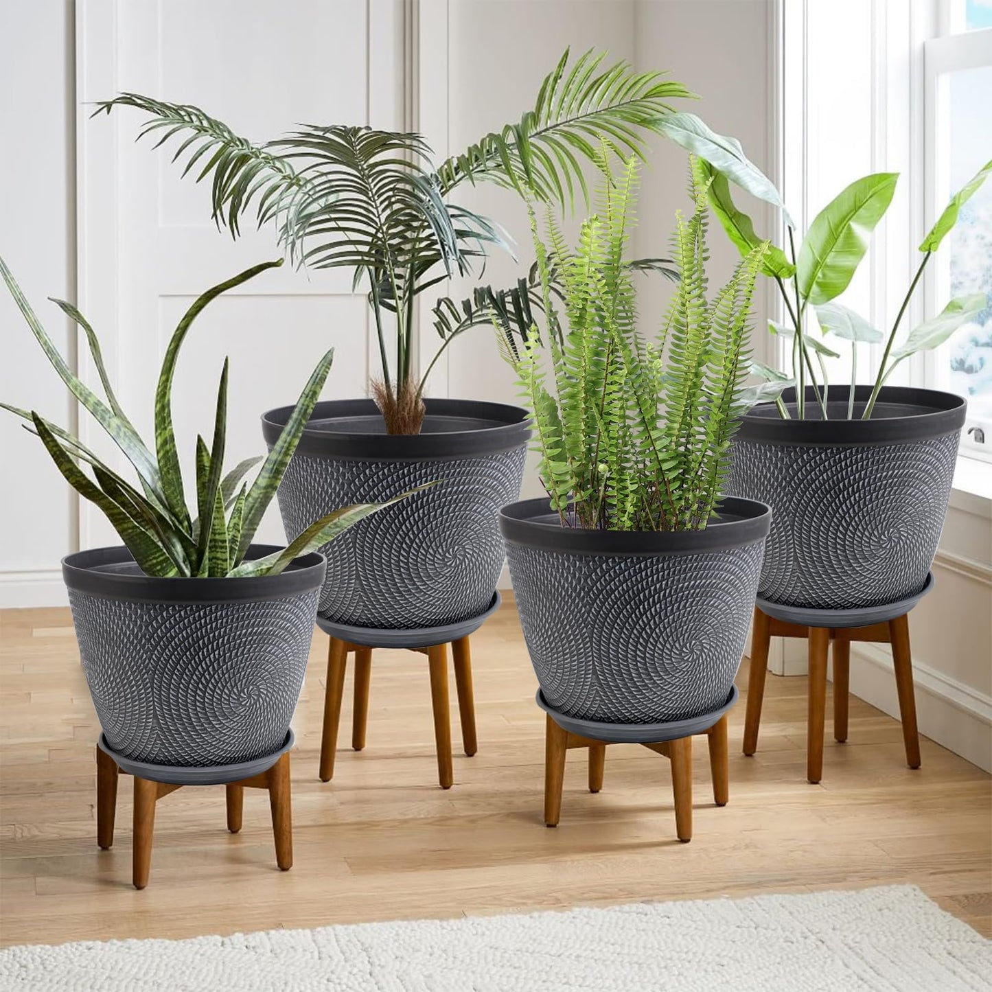 Quarut 4 Pack 6 Inch Flower Pots Planters for Outdoor Indoor, Plastic Plant Pots with Drainage Hole & Tray, Modern Decorative Garden Pot with Saucer, planters for House (Gray)