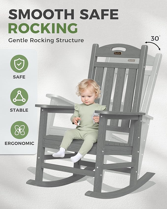 Oversized Outdoor Rocking Chair Set of 4, High Back Porch Rocker Chair, HDPE Rocking Chairs for Patio, Living Room, Light Grey