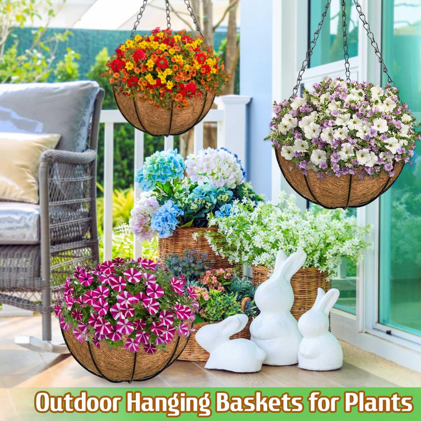 ZeeDix 2 Pack 18 Inch Large Hanging Baskets for Plants Outdoor with Coconut Liners Replacement, Hanging planters Baskets with Natural Coco Liner for Outdoor Indoor Planters Flowers Vegetables