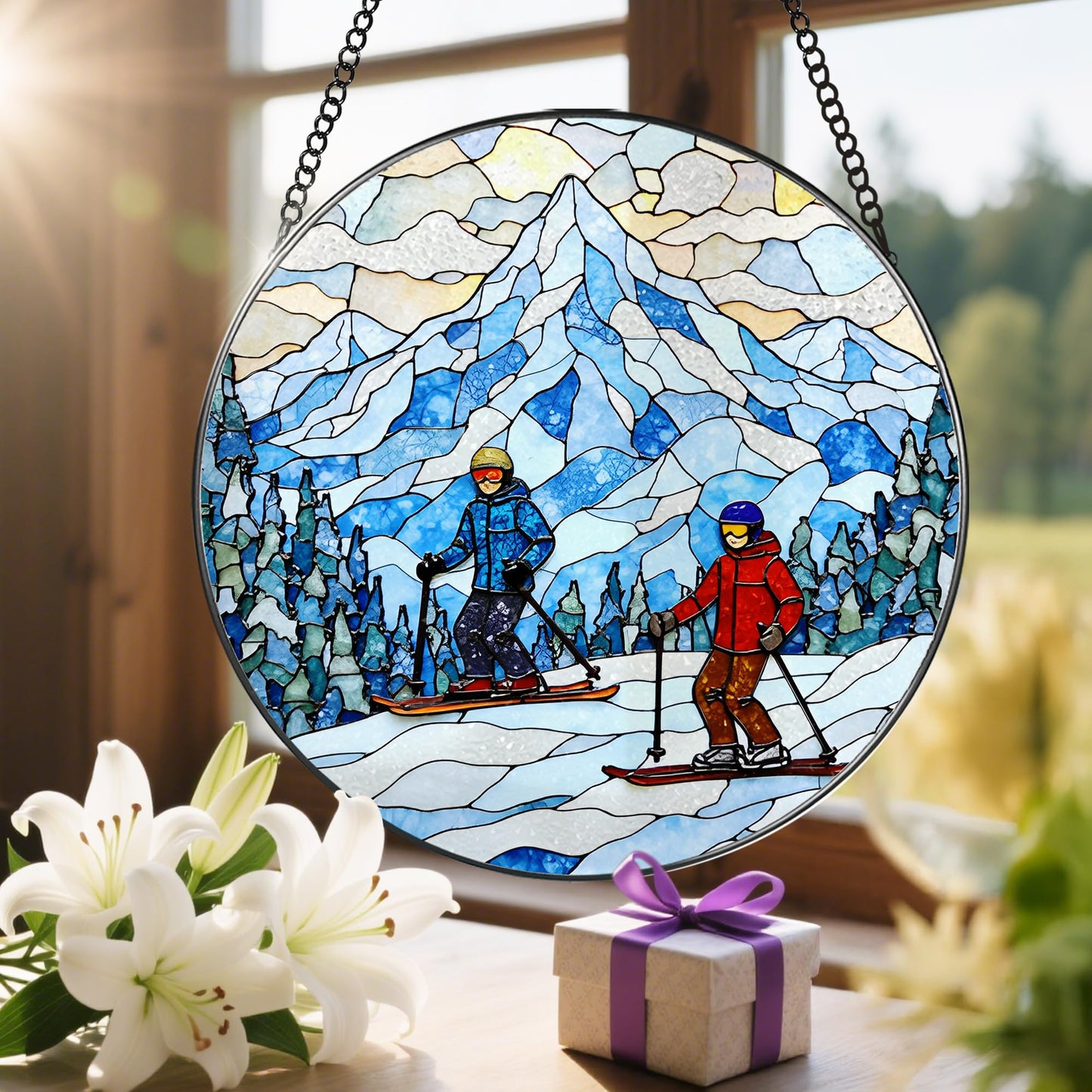 LAOWEIKI 8'' Snowy Mountain Skiers Sun Catcher Ornament, Stained Glass Window Hanging, Sun Catchers for Windows Hanging Ornaments, Window Decor | Ideal Gift, Gift Exchange, Gifts for Skiers