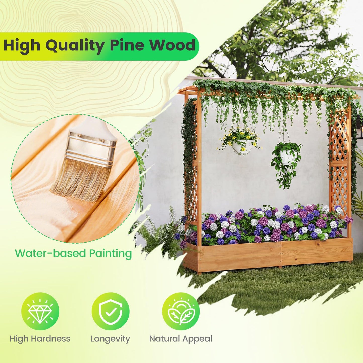 Giantex Raised Garden Bed with Trellis & Hanging Roof, Wood Planter Box with Bottom and Drainage Holes, Freestanding Garden Planter for Flower Vegetable Fruit Herb Climbing Vines, 77"x17"x70"