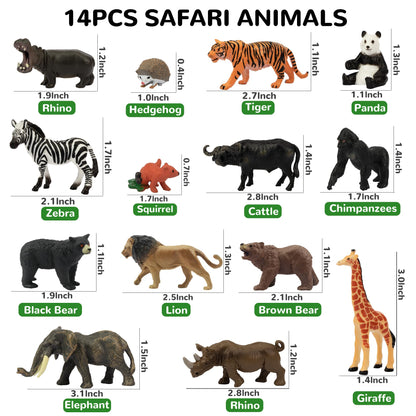 Toymany 14PCS 1-2" Tiny Jungle Animal Figures Toy, Realistic Mini Jungle Zoo Animal Figurines Cake Topper Toy Set, Easter Egg Christmas Birthday Gift Party Favor School Project for Kids Toddlers