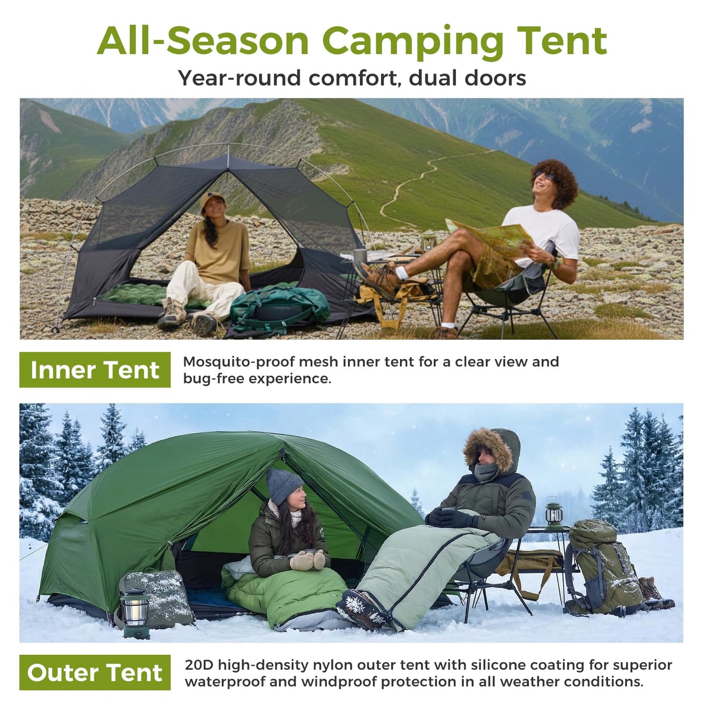 ATEPA Voyage 1 Person Backpacking Tent, Ultralight 20D SilNylon 4 Season Tent, 4000mm Waterproof Freestanding Camping Tent with Dual Doors & Expandable Vestibule for Hiking Bikepacking Mountaineering