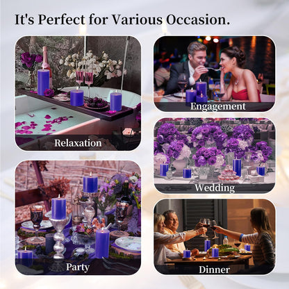 KONNI Violet Pillar Candles Set of 3, 3"x 4" Unscented Pillar Candles Bulk, 39 Hours Long Burning Candles, Smokeless and Dripless Large Round Candle for Wedding, Home Decoration, Parties, Spas, Dinner