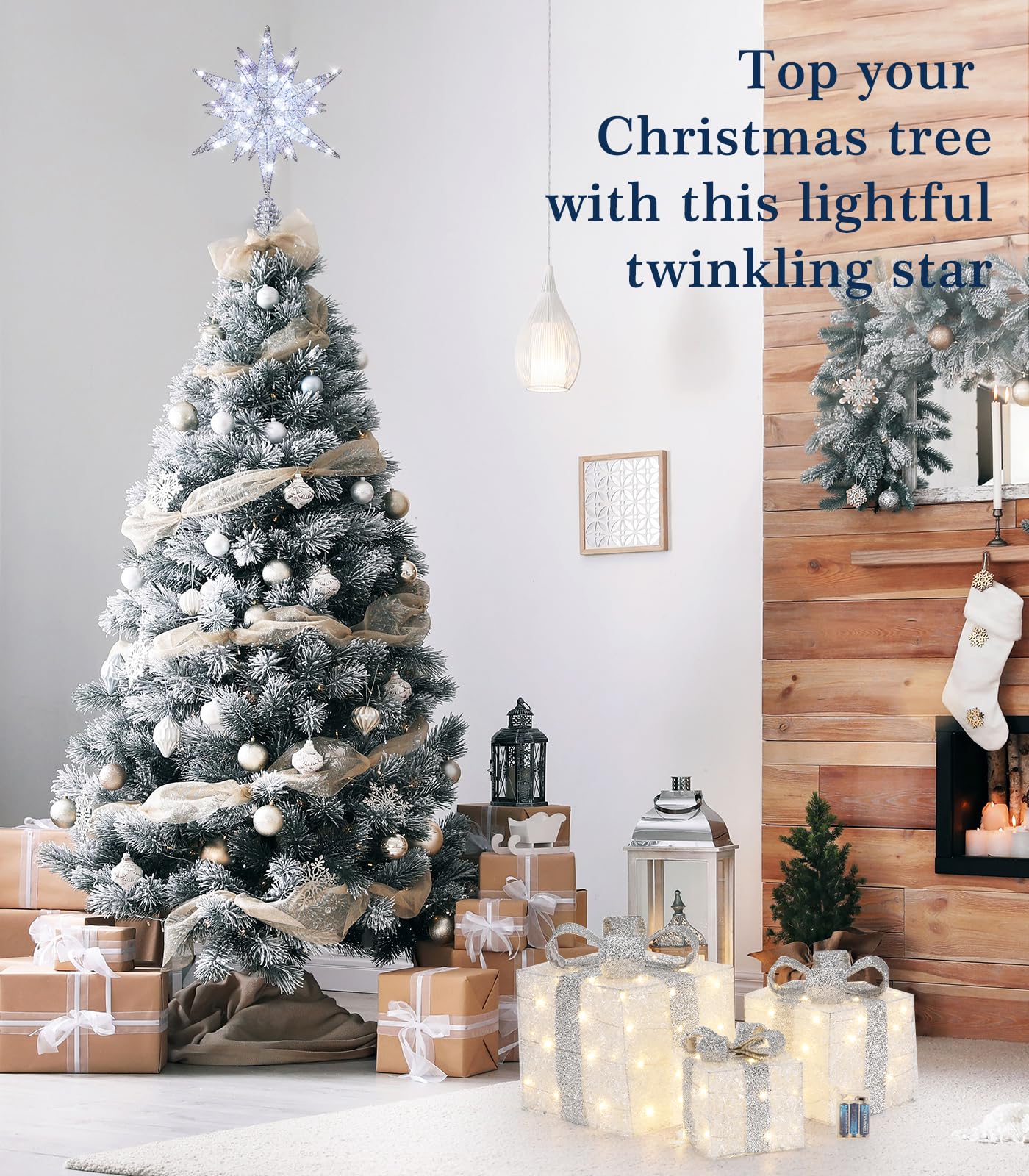 Luxspire Christmas Tree Topper, 3D Lighted Star Tree Topper with USB Plug-in & Remote Control, 9.6" Christmas Tree Star Lights for Home Holiday Decor, 6H Timer & 8 Lighting Modes, Silver