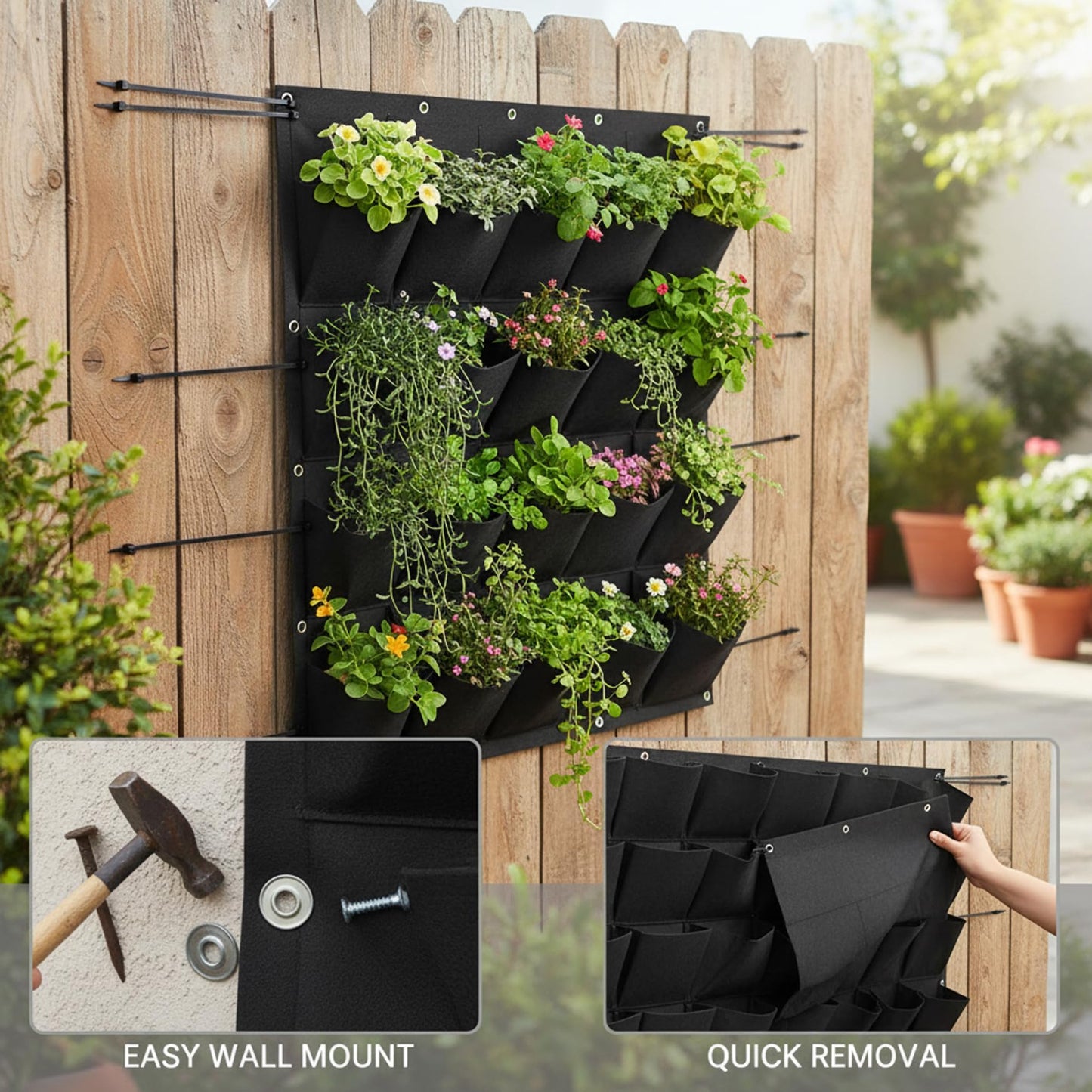 Ginwrek Wall Planter Vertical Garden Planter with 36 Pockets, Living Wall for Indoor Outdoor Use, Thick Non-Woven Fabric Planting Bag (Black, 39.4"x39.4")