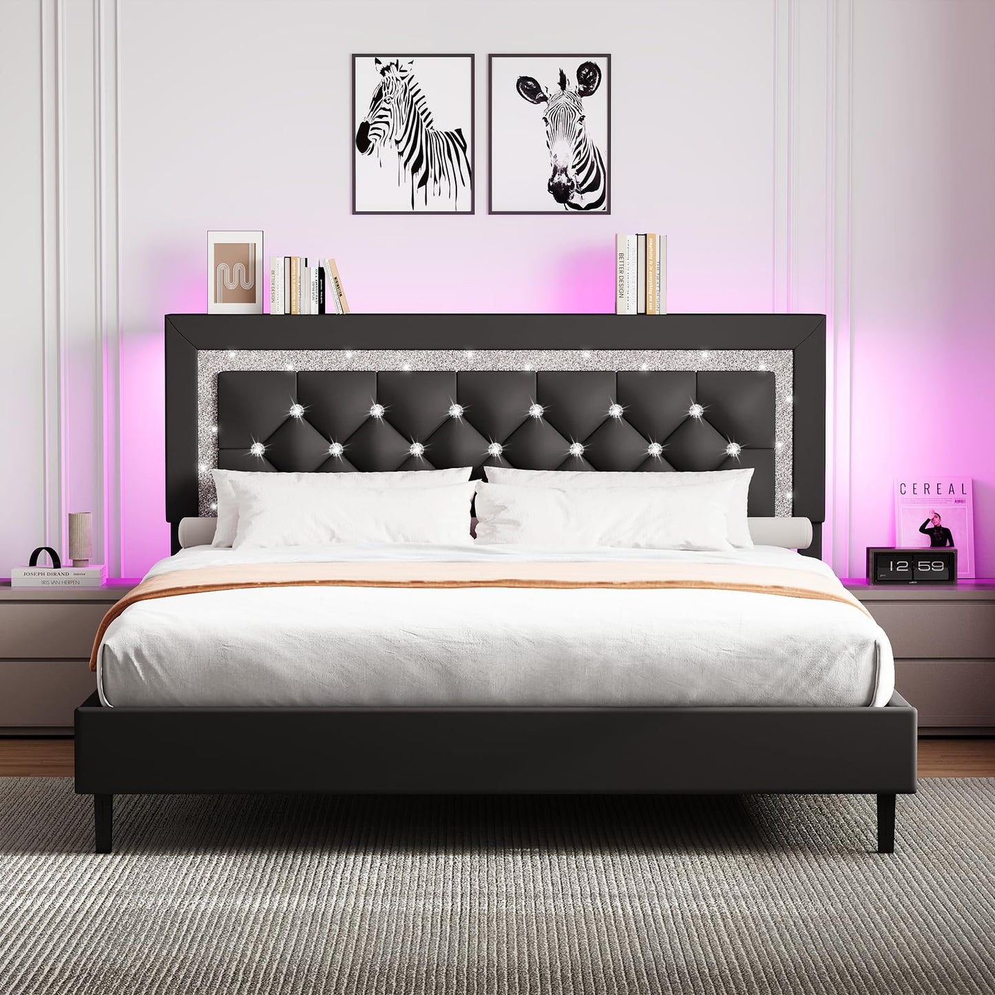 BarnFurin Full Size Bed Frame with Storage Headboard, Full Size Bed Frame with Headboard Diamond Tufted and LED Lights, Wooden Slats Support, Noise Free, No Box Spring Needed, Easy Assembly, Black
