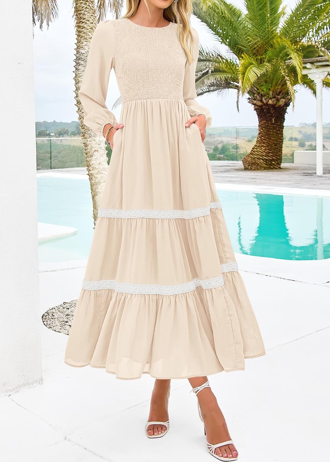 KIRUNDO Womens Smocked Long Sleeve Maxi Dress Wedding Guest Spring Fall Boho Tiered Lace Trim Flowy Long Dresses Pockets