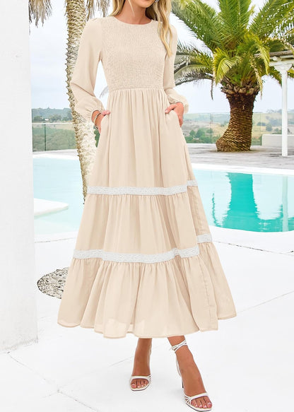 KIRUNDO Womens Smocked Long Sleeve Maxi Dress Wedding Guest Spring Fall Boho Tiered Lace Trim Flowy Long Dresses Pockets
