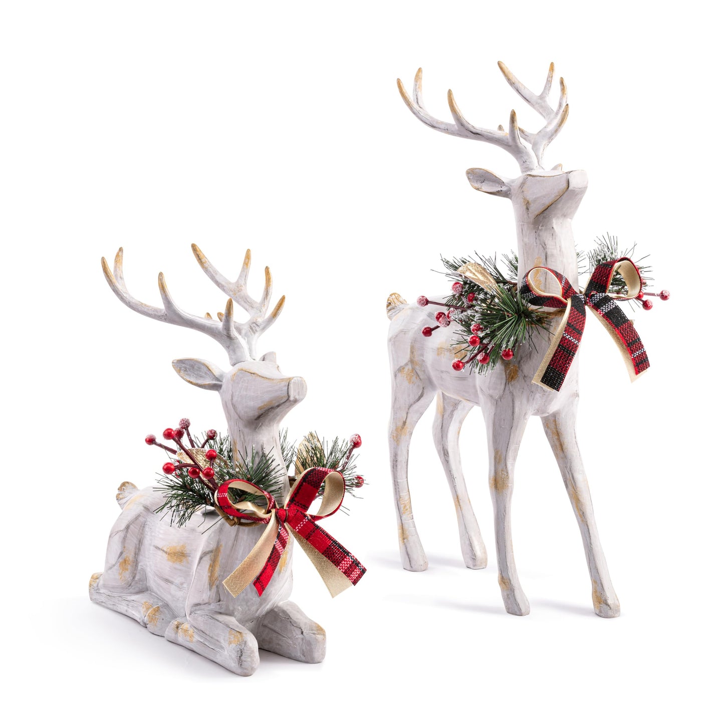 DEMDACO Holly Lodge Reindeer Wearing Plaid Bow Whitewashed Standing 15", Lying 10.5" Acrylic, Resin Large, Festive Holiday Décor, Christmas Decoration Figurine, Set of 2,