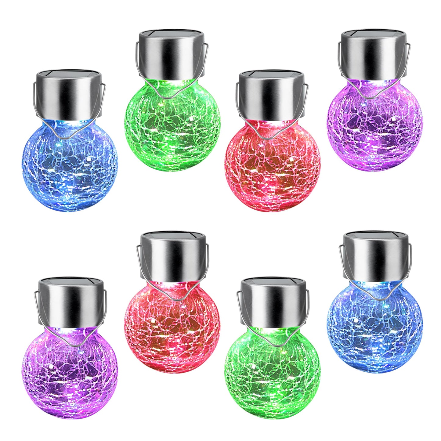 GIGALUMI 8 Pack Solar Hanging Lights: Multi-Color Changing Cracked Glass Hanging Ball Solar Outdoor Lights - Waterproof Lanterns for Garden, Yard, Patio, Lawn