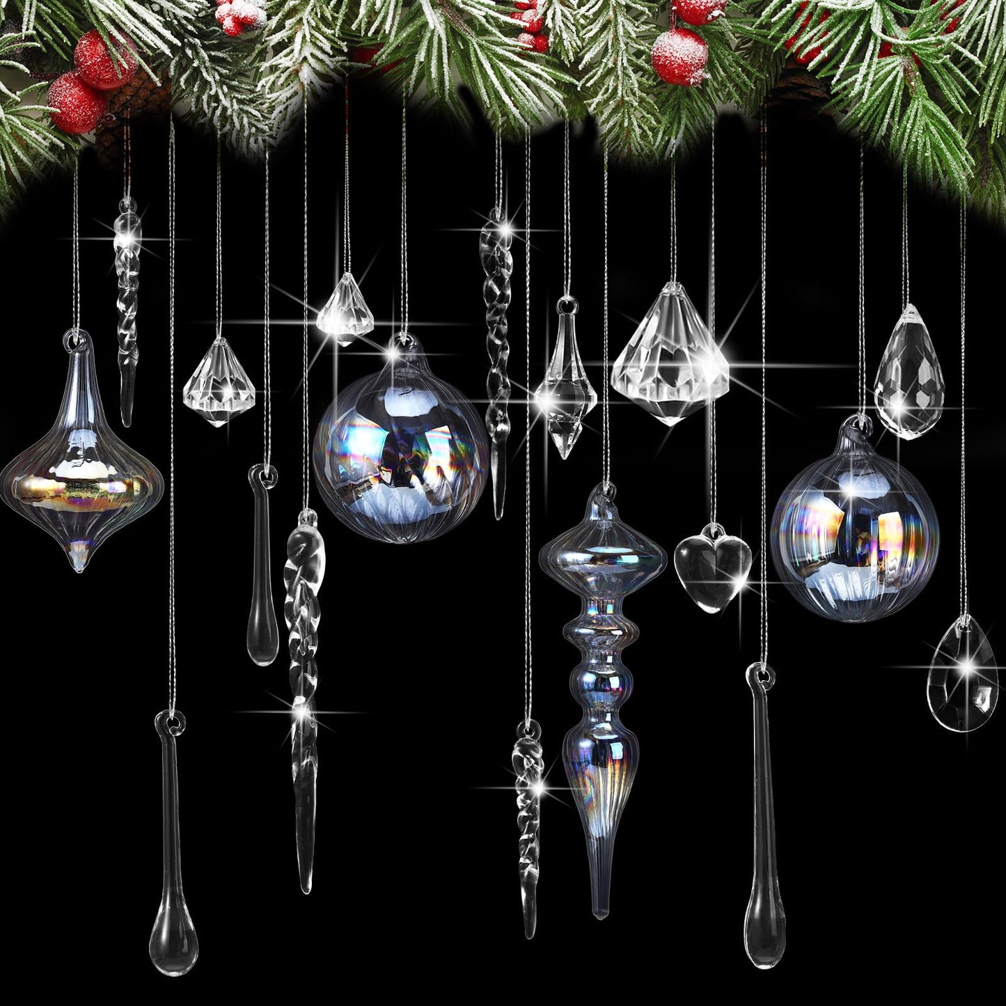 Civaner 32 Pcs Christmas Crystal Ornaments Hanging Clear Glass Plastic Hanging Decor Christmas Icicle Drop Crystal Ornaments for Xmas Tree Winter New Year Party Supplies (Holographic)