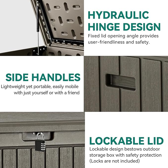 YITAHOME 90 Gallon Large Deck Box with Side Handles, Outdoor Double-Wall Storage for Patio Furniture Cushions, Garden Pool Accessories, Waterproof & Lockable