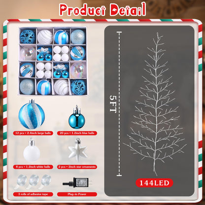 ElectricWise 5 FT 144 LED Lighted Wall Christmas Tree with Decorative Balls, 8 Light Modes Plug in Half Christmas Tree, Hanging Flat Mounted Trees for Holiday Apartment Room (Silver, Blue and White)
