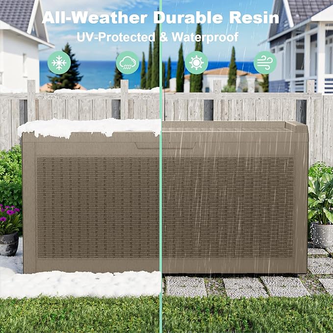 DRATO 60 Gallon Deck Box, Waterproof Resin Large Outdoor Storgae Box for Patio Furniture, Patio Cushions, Gardening Tools, Pool Supplies, Lockable（Gray，60 Gallon）