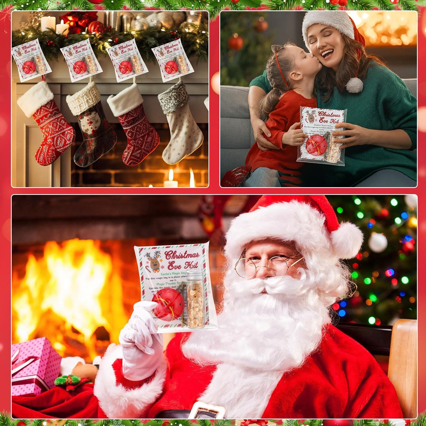 FoldTier 24 Set Christmas Eve Kit Santa Bell Santa's Magic Key Magic Reindeer Food Glass Jar Red Bell Xmas Key for Christmas Party Favor Eve Present for Family Stocking Stuffer Tree