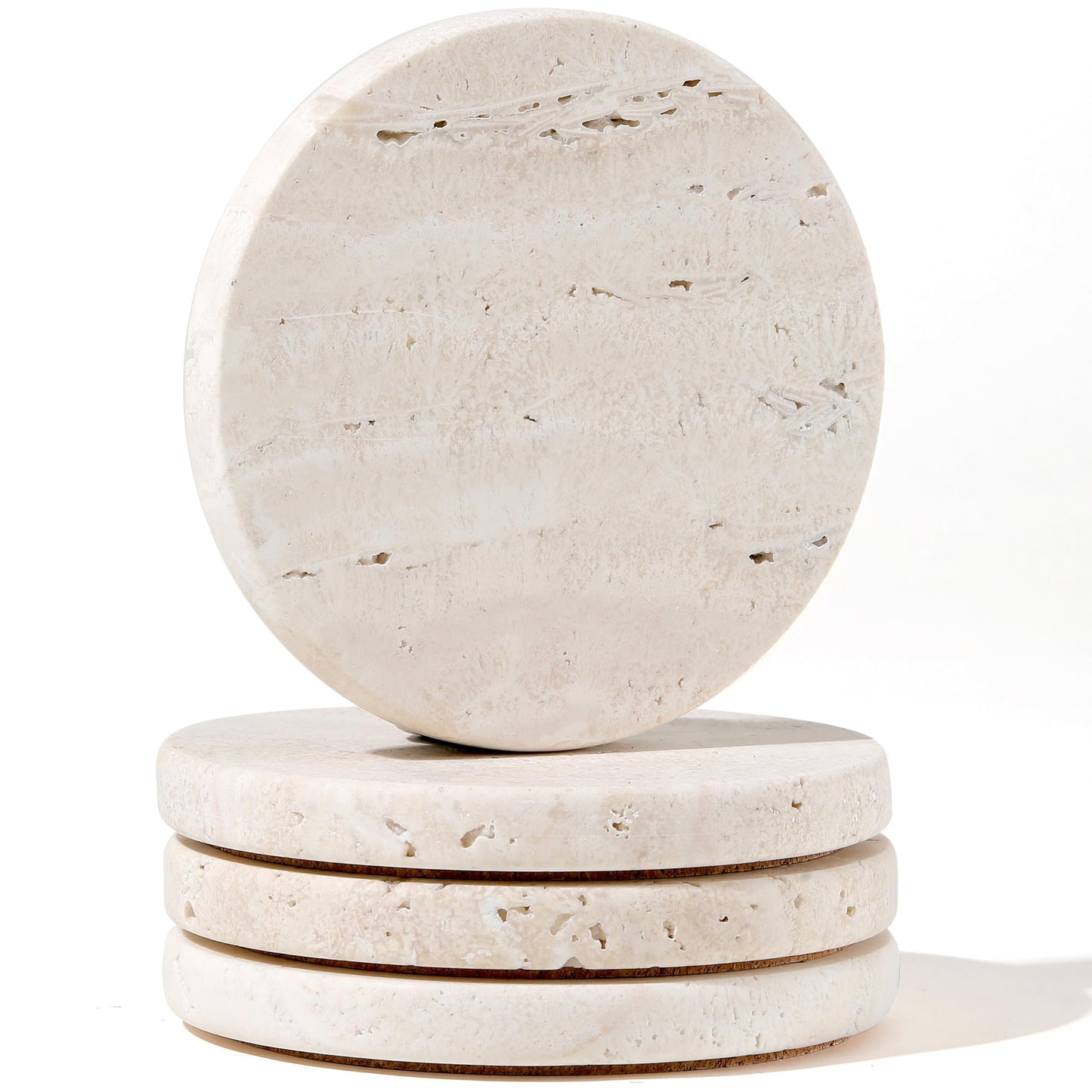 White Travertine Coasters - Set of 4 Round 4” Diameter Drink Marble Coasters for Housewarming Gift, Anniversary, Office - Protect Countertops from Stains - Sturdy and Durable Aesthetics