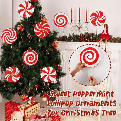 12Pcs Large Candy Christmas Tree Decorations Peppermint Lollipop Christmas Picks for Tree, 7.87" Red and White Candy Ornaments, Plastic Candyland Tree Topper for Xmas Holiday Party Vase Decor