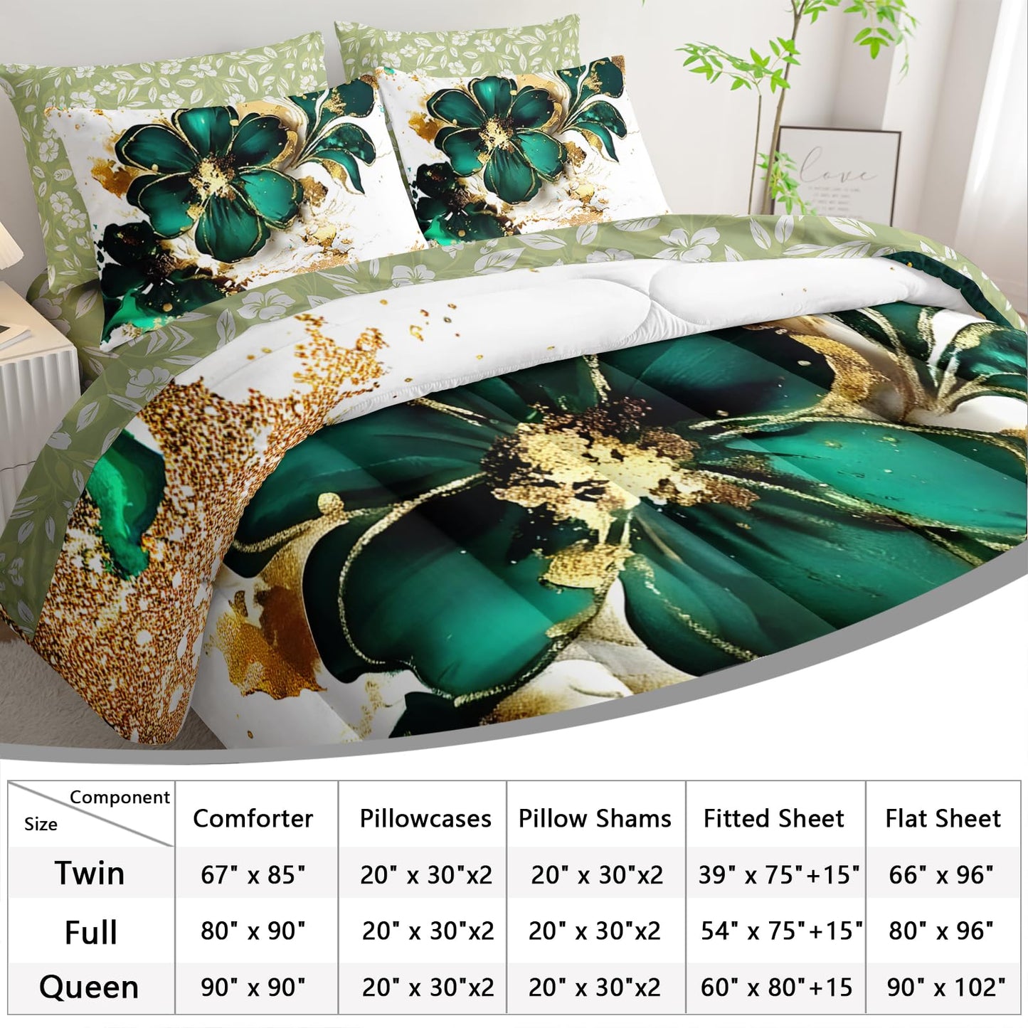 AILONEN Gold Green Floral Comforter Set Twin Size,7-Piece Soft Bed in a Bag,Marble Flower Comforter & Fitted Sheet & Flat Sheet & 2 Pillowcases,2 Pillow Shams for Girls Women