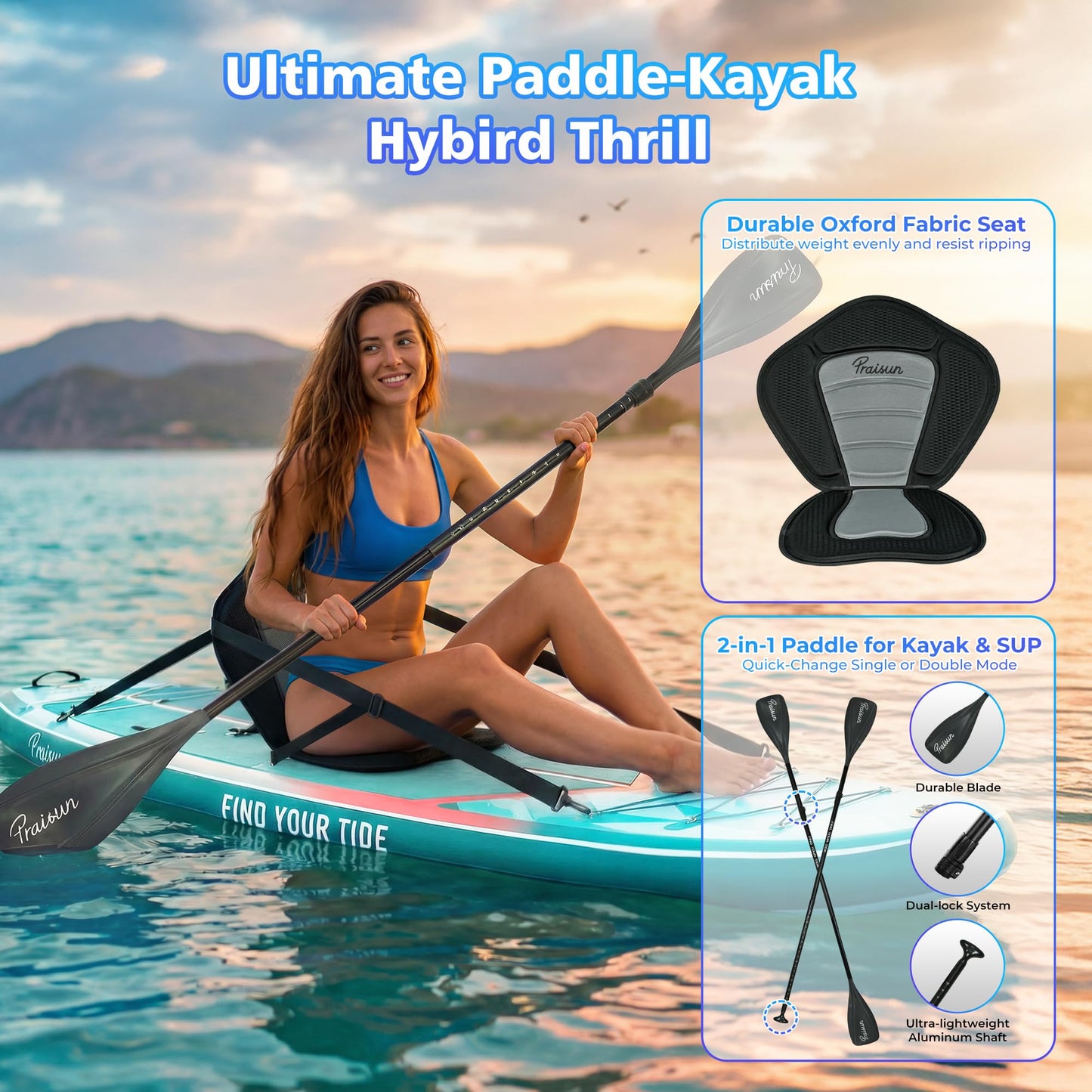 PRAISUN 12’ x 35” Inflatable Paddle Board, 450lbs Extra Wide Stand Up Paddleboard for Youth/Adults of All Skill Levels, Stable SUP with Seat & Full Kit, for Fishing, Yoga, Lake & Ocean, Mint Green