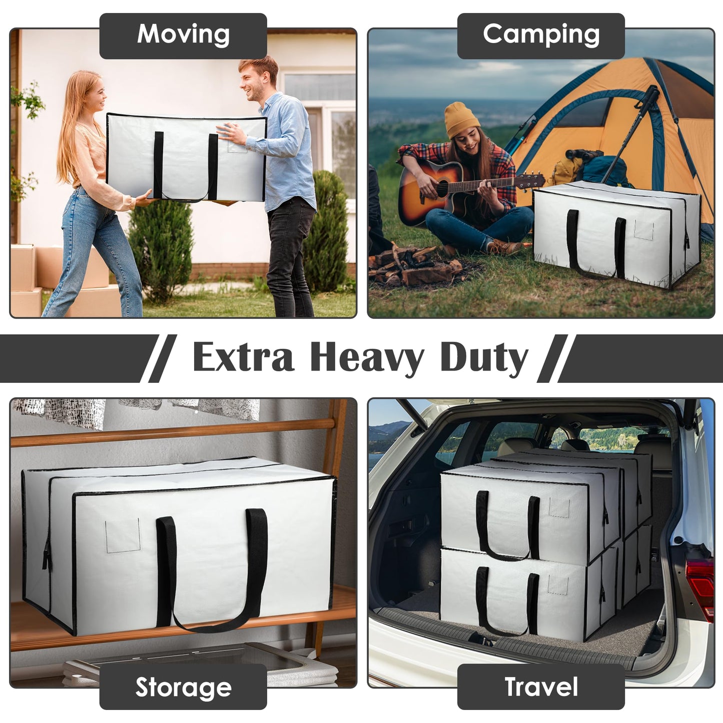 RMOHRO 6 Pack Moving Bags Heavy Duty 210GSM with Full-Open Side Zipper, 93L 65lbs Waterproof Foldable Storage Totes for College Dorm Move-In, Moving Boxes Alternative & Home Organization,White