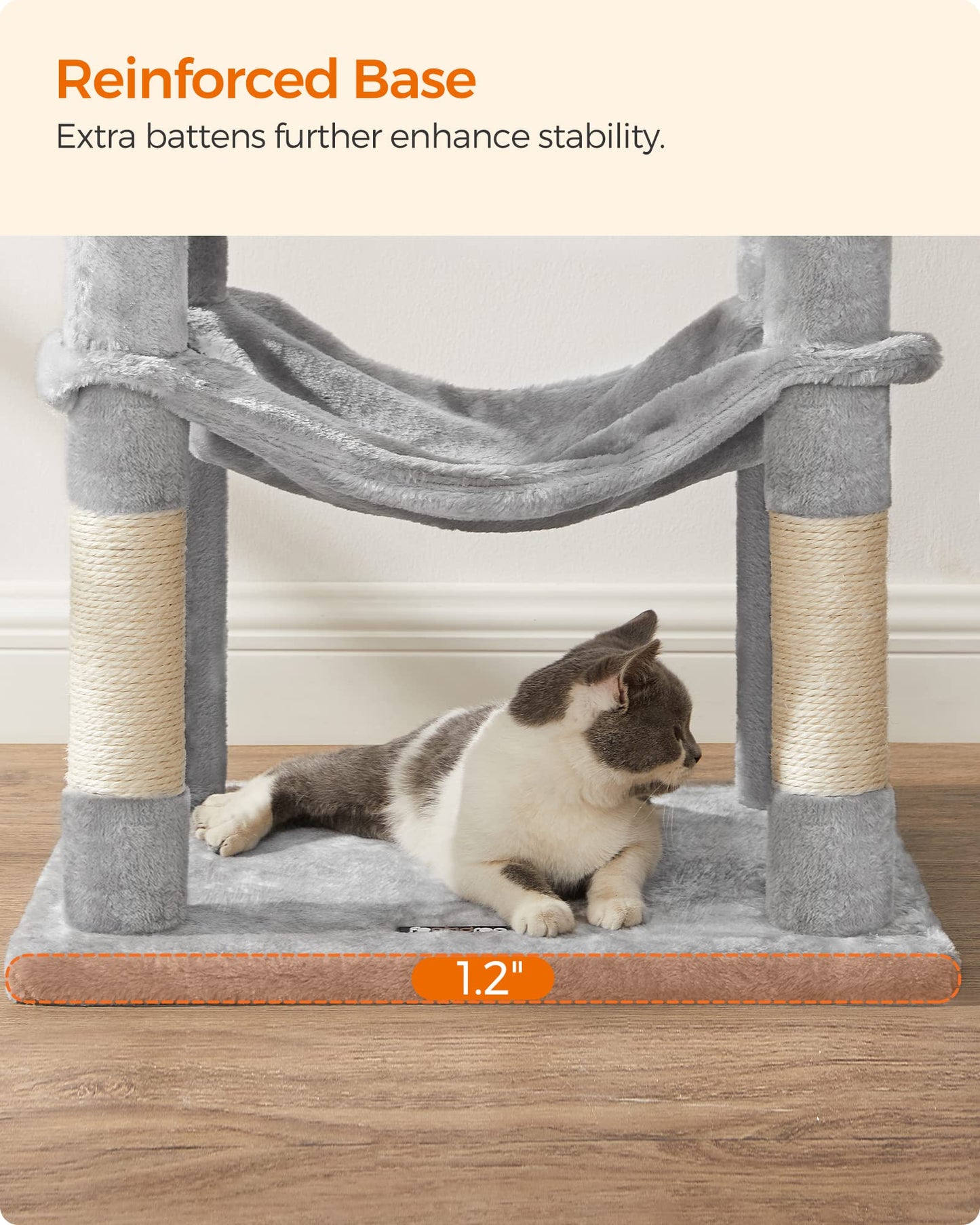 Feandrea Cat Tree, 143 cm Multi-Level Plush Cat Condo with 4 Scratching Posts, 2 Perches, Cave, Hammock, Pompoms, Light Grey