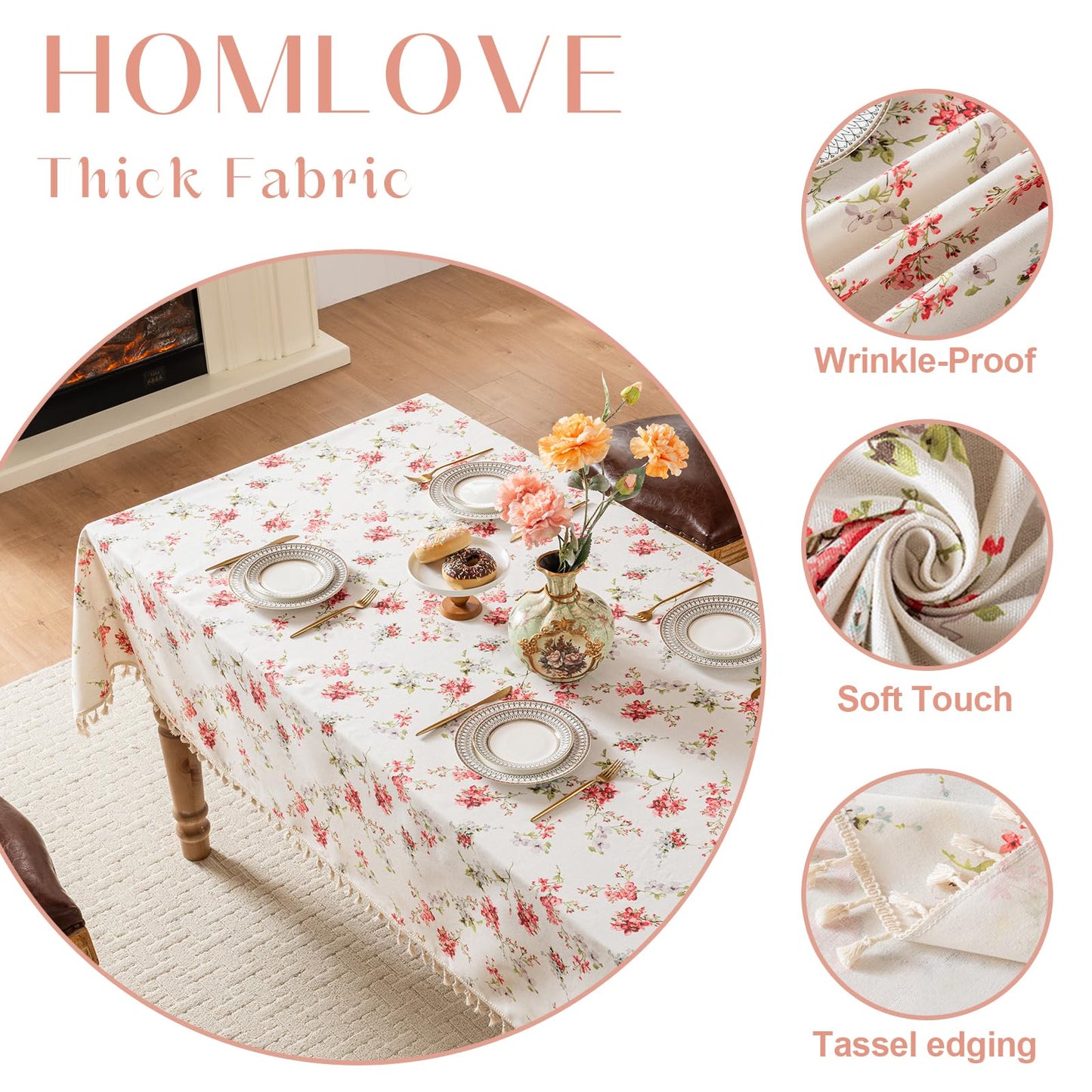 HOMLOVE Tablecloth Pastoral Style, Waterproof & Stain Resistant Table Cloth Wrinkle Free Table Cover for Dining/Kitchen/Patio, Washable Indoor & Outdoor Use (Red Flower, 55"X86")