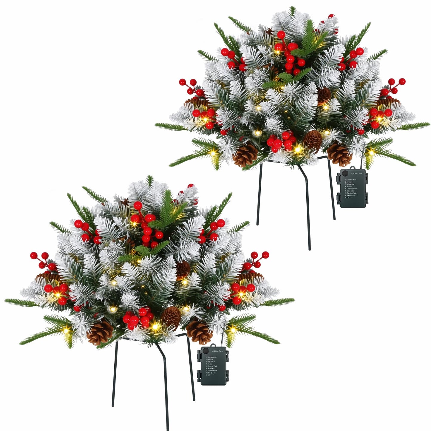 JOYHALO 2 Pack Set 22Inch Christmas Urn Filler with 40 Warm White Lights, Christmas Pot Fillers with White PVC&PE Branches, Outdoor Christmas Trees for Porch Pathway Entryway Yard Decorations