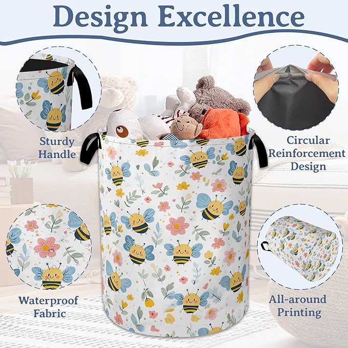 Cute Bee Laundry Basket, Foldable Oxford Cloth Pink Flowers Laundry Hamper