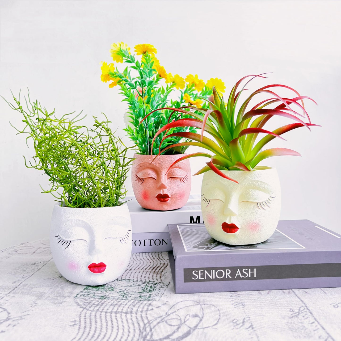EylbKey Girl Face Flower Pot Small Lady Head Planter Funny Flower Pot for Cactus Lovely Resin Head Face Planter with Anti-Friction Pads Pale Yellow 1Pack