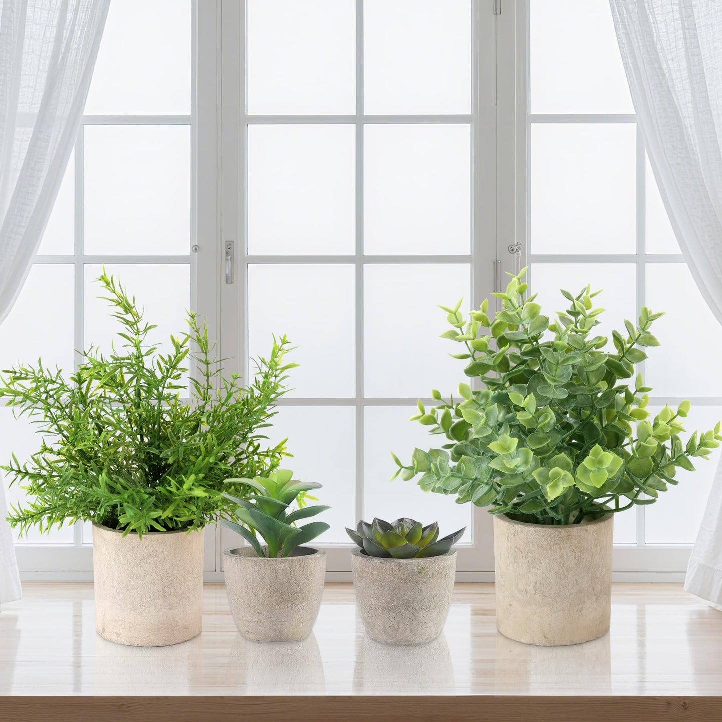 ALAGIRLS 4 Pack Small Fake Plants, 10" Artificial Plants Indoor Eucalyptus/Rosemary/Succulents, Small Faux Plants in Pulp Pot,for Farmhouse Decor, for Bathroom Bedroom Kitchen Office Living Room Decor