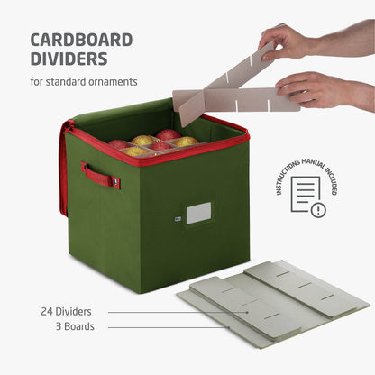 ZOBER Christmas Ornament Storage Box - Stores 64 3" Ornaments, With Dividers - Ornament Organizer Storage Box, Durable Christmas Containers Holder, Dual Zipper - Green