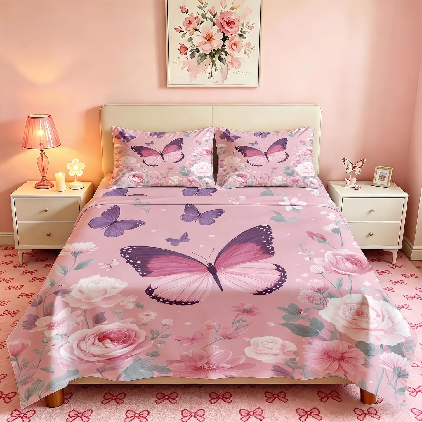 Pink Rose Bedding Set 4 Pcs Girls Butterfly Queen Sheets