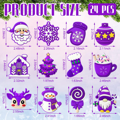 Lunmon 24 Pcs Purple Christmas Ornaments PVC Pastel Ornaments for Christmas Tree Santa Claus Gingerbread House Gnomes Xmas Baubles Winter Decorations for Xmas Tree Party Holiday Decor