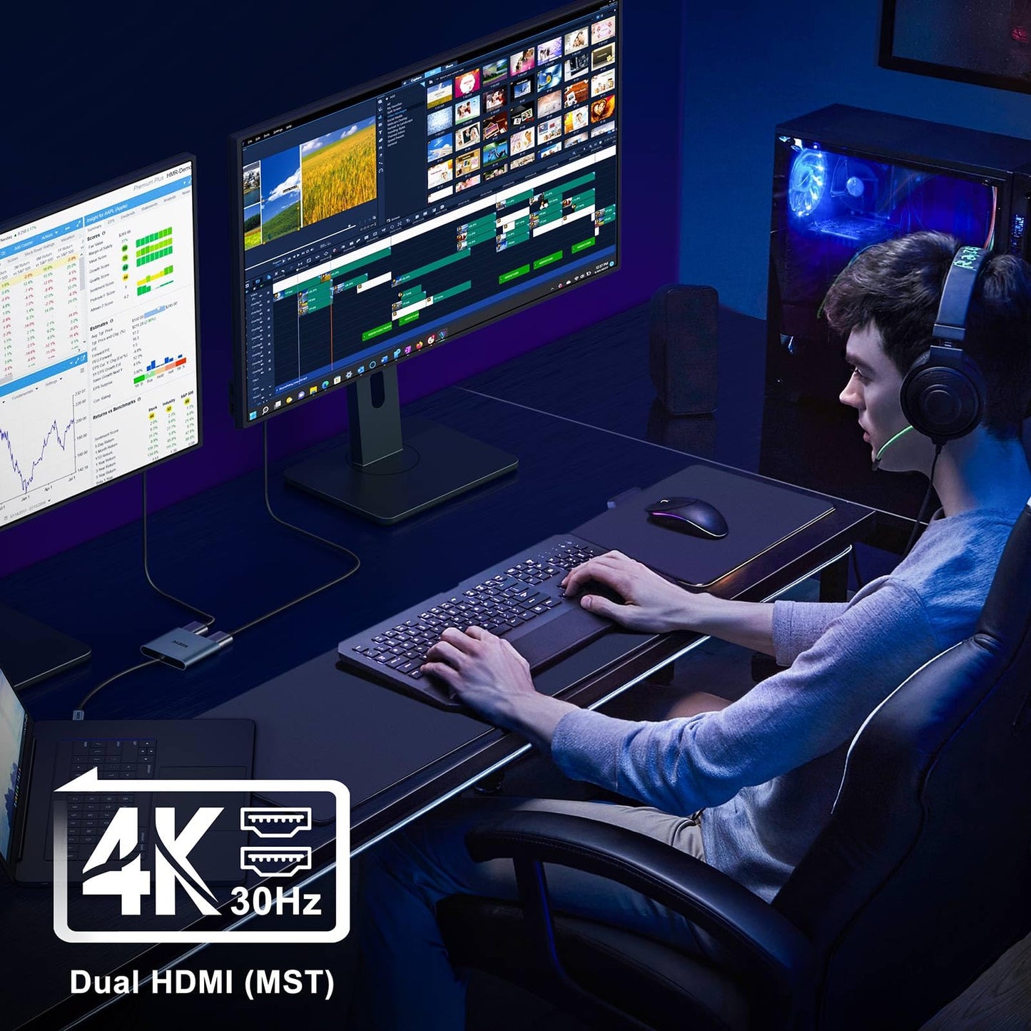 KOZYC USB C to Dual HDMI Adapter 4K@60Hz, Type C to HDMI Splitter Extended Display for Laptop, MacBook, MacBook Pro, UHDTV (Only on Windows support MST)