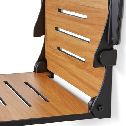 Silhouette Comfort Plus Heavy Duty Folding Wall Mount Shower Bench Seat, Teak Seat with Black Frame