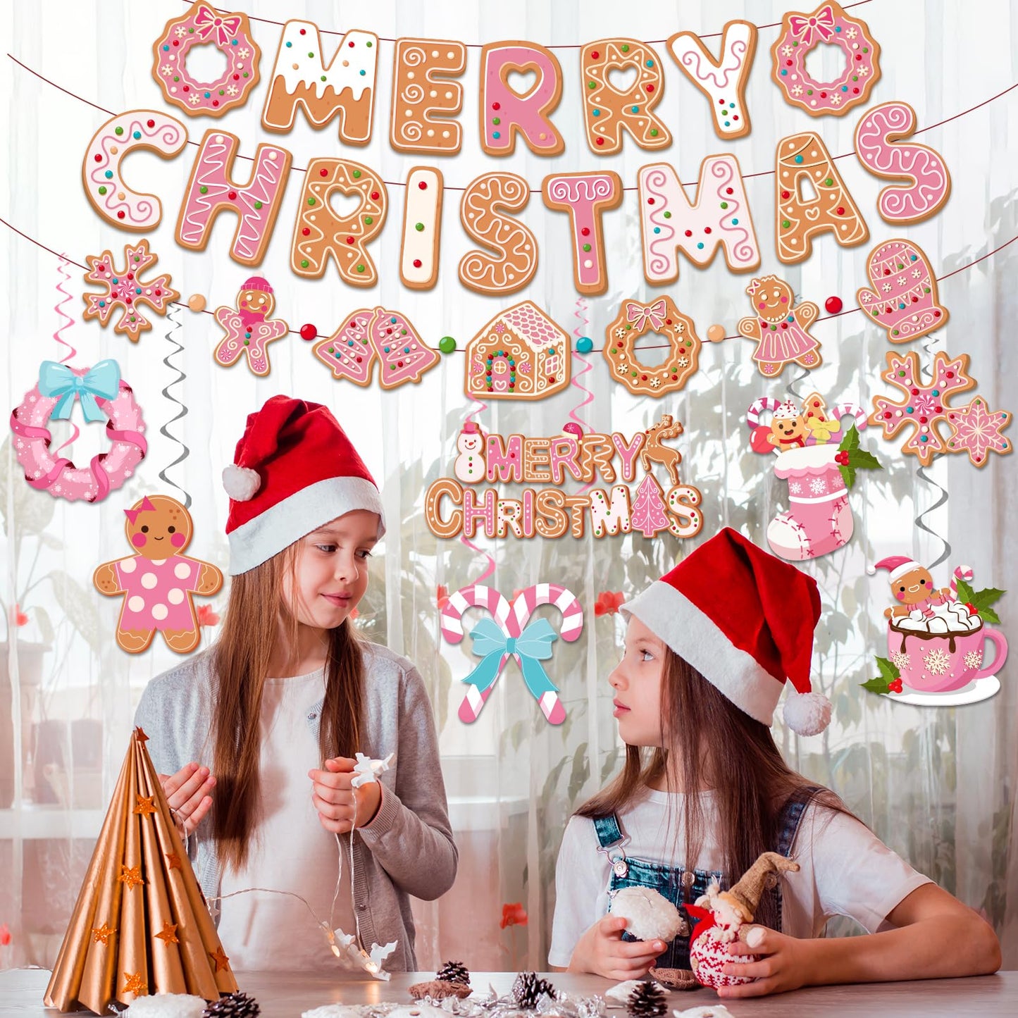 Pink Gingerbread Christmas Decorations, Pink Gingerbread Christmas Decor includes Merry Christmas Banner and Ginger bread Hanging Swirls, Gingerbread House Decorations for Merry Xmas Party Supplies
